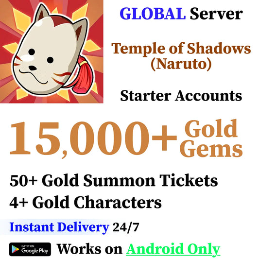 Temple of Shadows 15,000+ Gold Gems +50 Tickets Starter (Android)